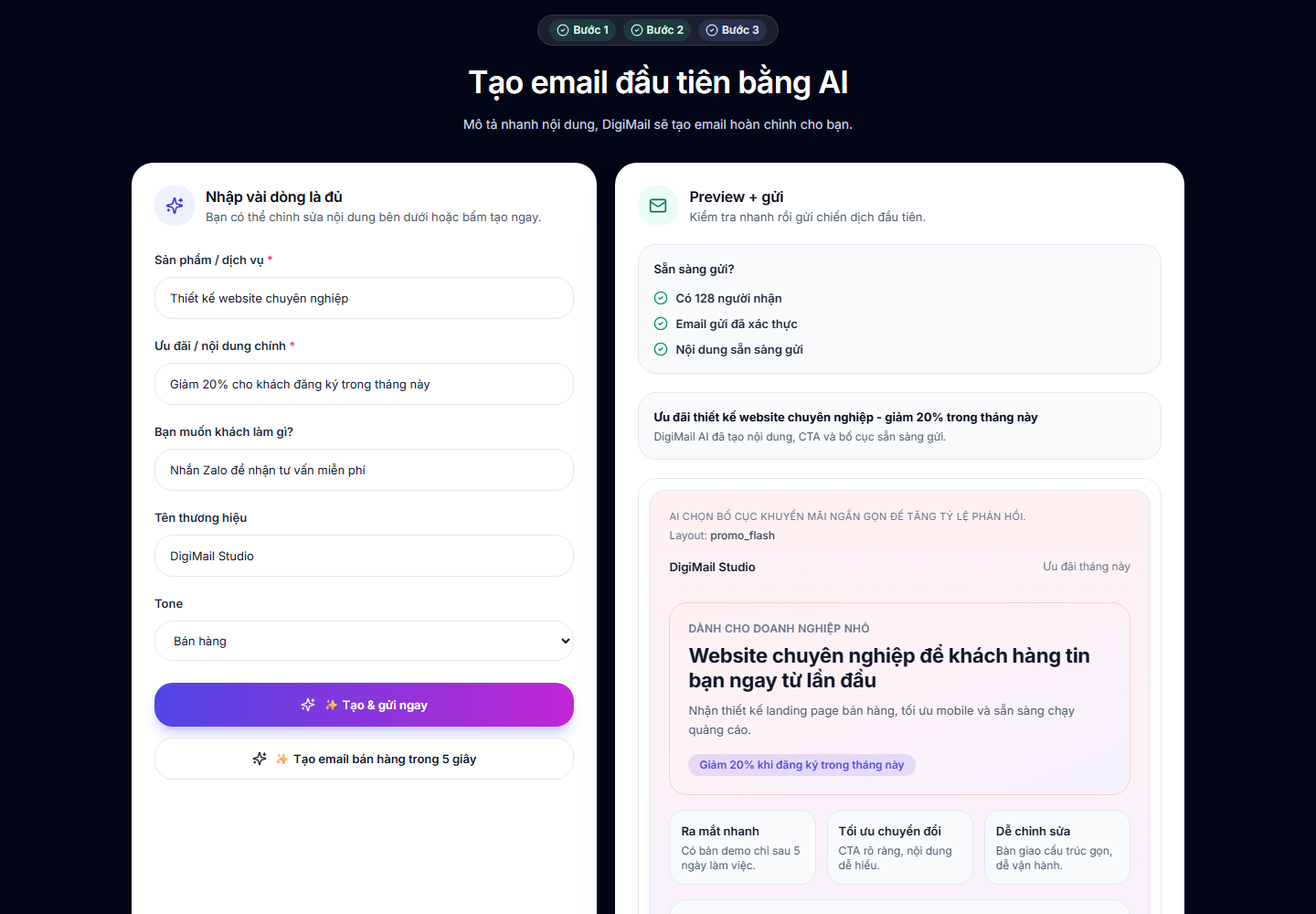 Màn hình AI tạo và gửi email đầu tiên trong DigiMail AI